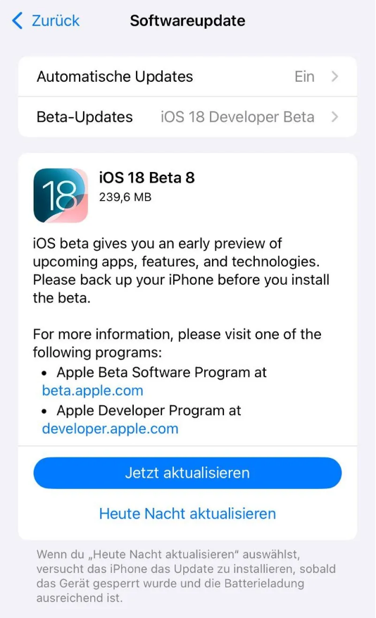 上杭苹果手机维修分享苹果 iOS / iPadOS 18 开发者预览版 Beta 8 发布 